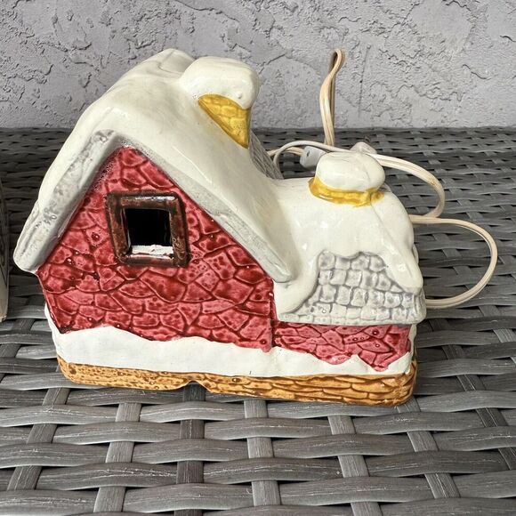 Vintage Hand‎ Painted Ceramic Log Cabin  Lighted House Christmas Country Snowman - Picture 4 of 7